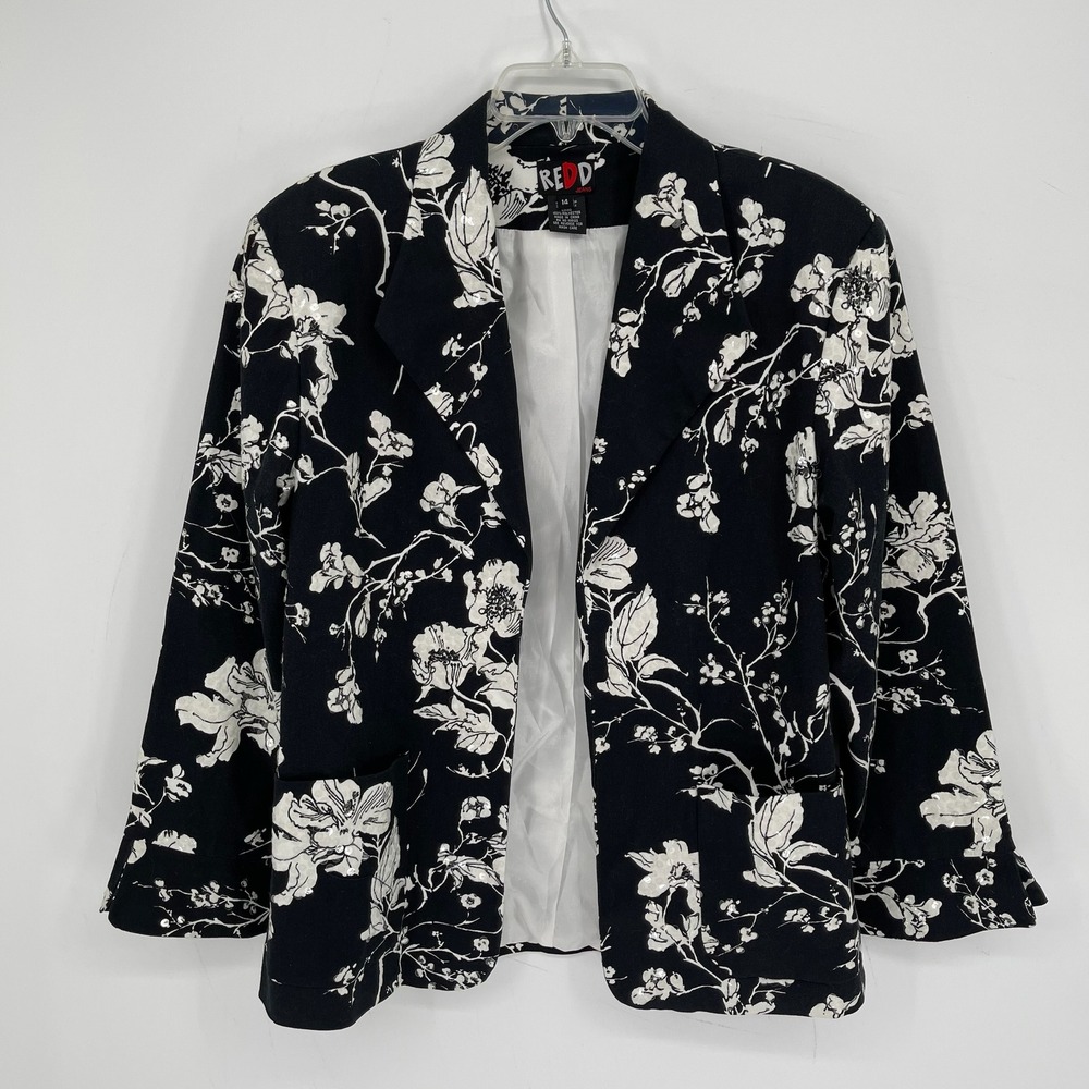90's Y2K Redd Jeans Women's Black Floral Sequin Open Front Blazer Jacket Size 14